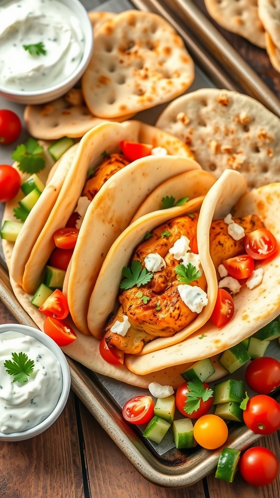 Sheet pan chicken gyros on pita with tomatoes, cucumber, and feta tzatziki, served on a rustic wooden table.
